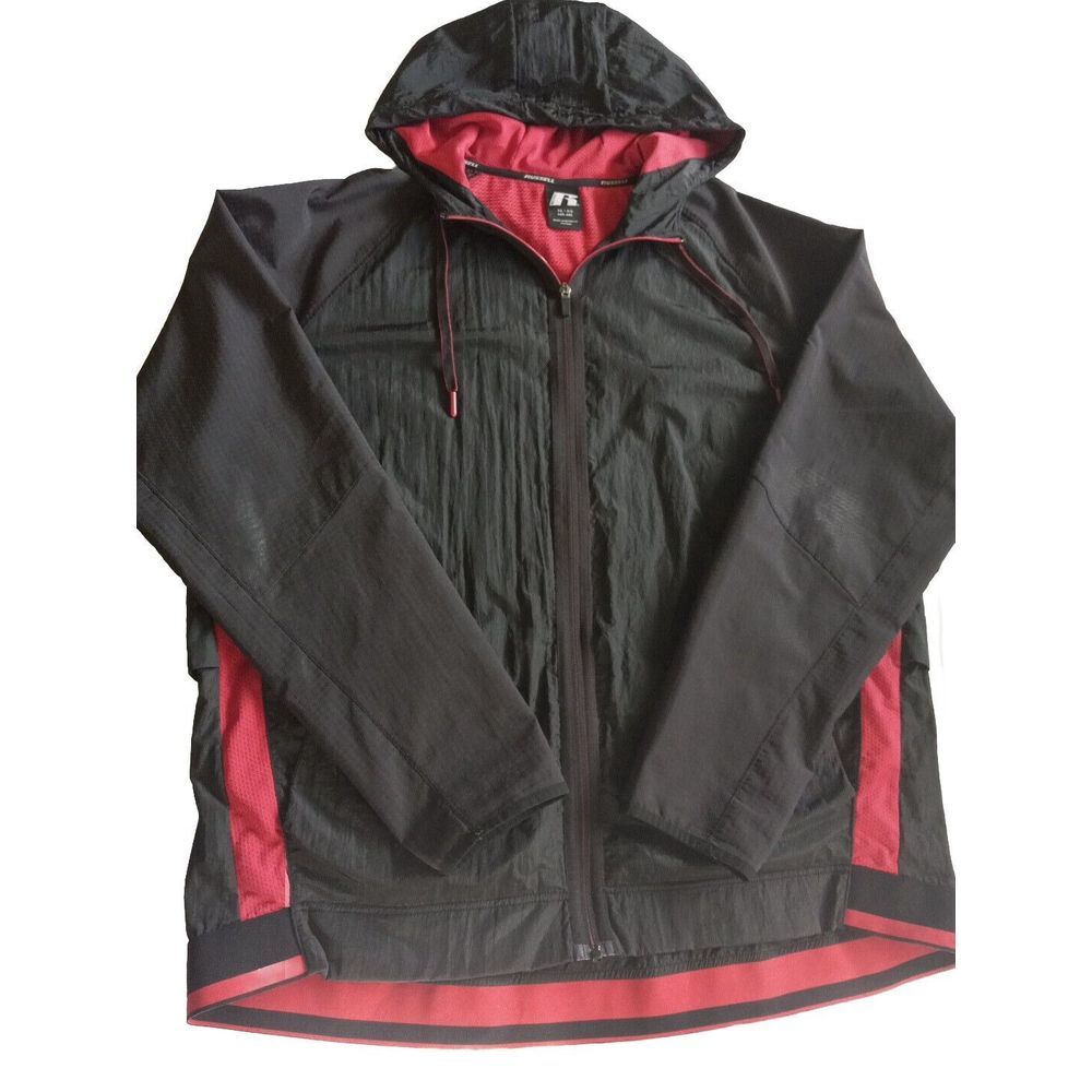 Russell Men XL Zip Drawstring‎ Hoody WindBreaker Jacket Polyester Black Mesh Red